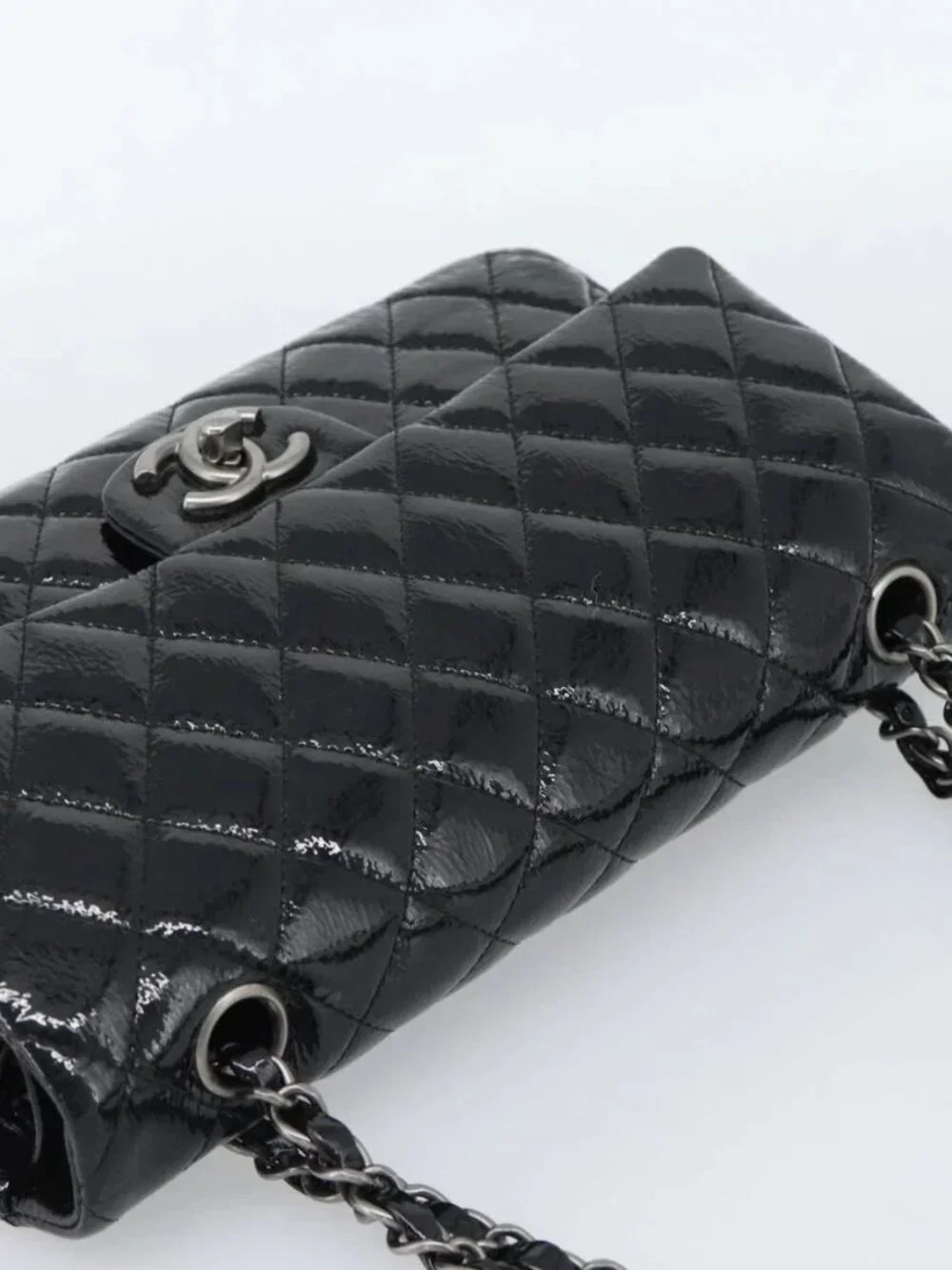 CHANEL Matelasse 25 Chain Bag Patent leather Black Silver CC Auth 189112SM